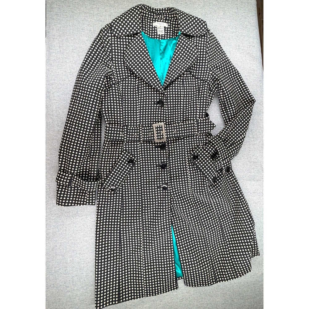 Vertigo Paris Vintage Polka Dot Trench Coat Black White Teal Lined Belted Medium